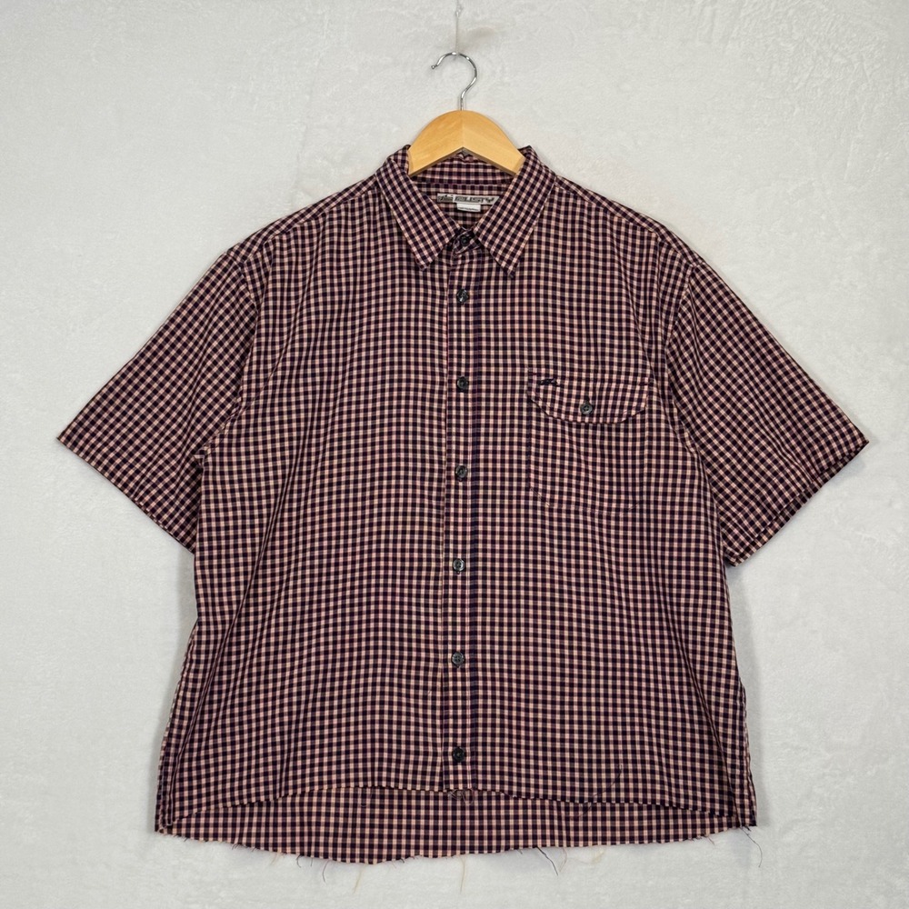 Rusty Navy Red Gingham Plaid Raw Hem Button Up Shirt Medium